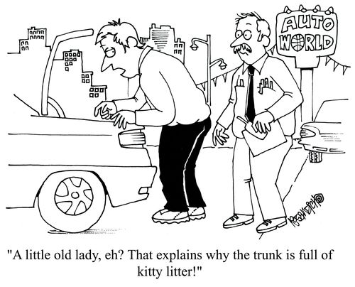 'A little old lady, eh?  That explains why the trunk is full of kitty litter!'