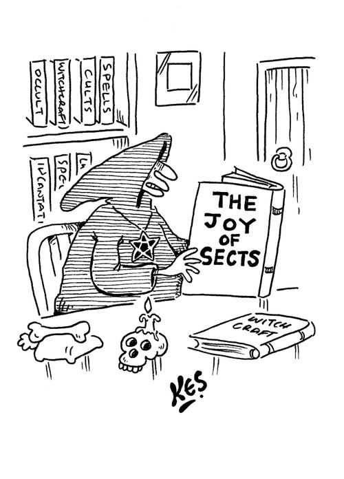 Warlock reads book entitled; 'The Joy of Sects'.