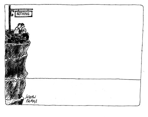 Two men look over a cliff into nothing.