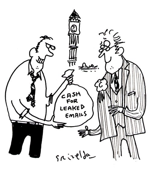 Journalist handing sack to MP marked: 'Cash for leaked emails.'
