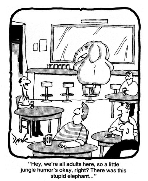 'Hey, we're all adults here, so a little jungle humor's okay, right? There was this stupid elephant...'