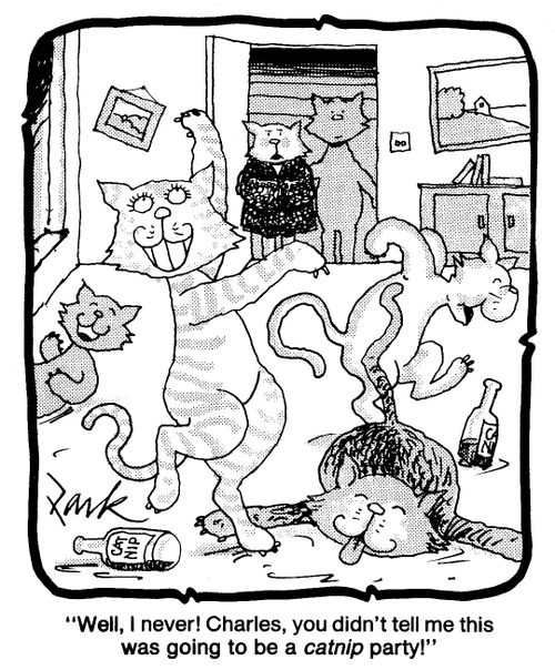 'Well, I never! Charles, you didn't tell me this was going to be a catnip party!'