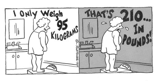 I only weigh 95 kilograms...That's 210...in pounds!