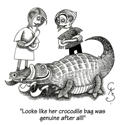 'Looks like her crocodile bag was genuine after all' - friends looking at well-fed crocodile and shoes which are all that is left of their friend.