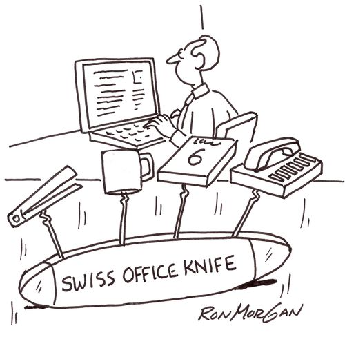 Office worker has Swiss office knife.