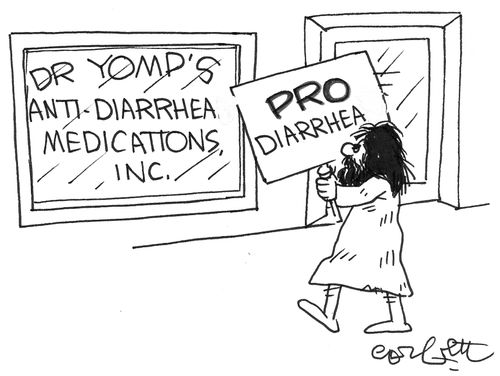 Crackpot with PRO-diarrhea sign pickets ANTI-diarrhea medical lab.