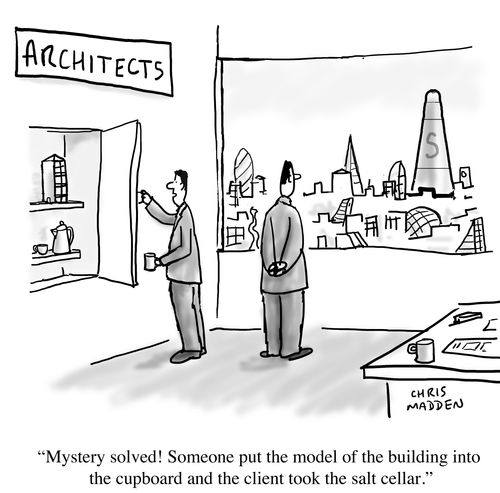 'Mystery solved! Someone put the model of the building into the cupboard and the client took the salt cellar.'