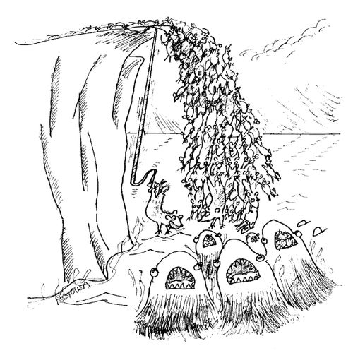 One Lemming leaps of a cliff with a bungee rope.