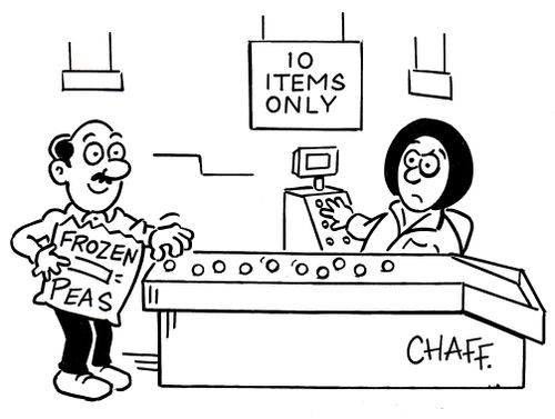 Man putting ten peas through the 'ten items only' checkout.