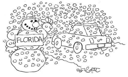Snowman attempting to hitchhike to Florida.