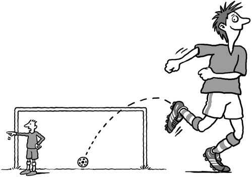 A footballer scores a goal with a back kick while goalie not paying attention.