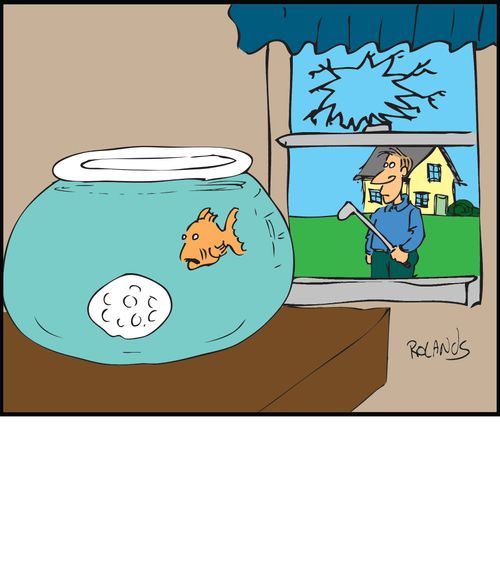 Man hits a golf ball through a window into a fishbowl.