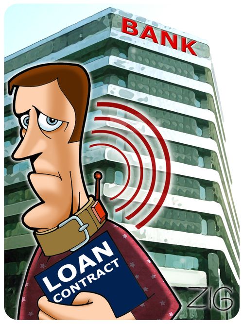 A man leaving the bank with loan contract and wearing a necklace with GPS tracking system.