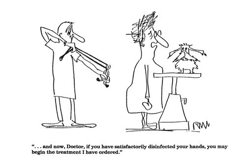 '...and now, Doctor, if you have satisfactorily disinfected your hands,...