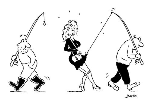 Fisherman catches a woman's dress with a rod.