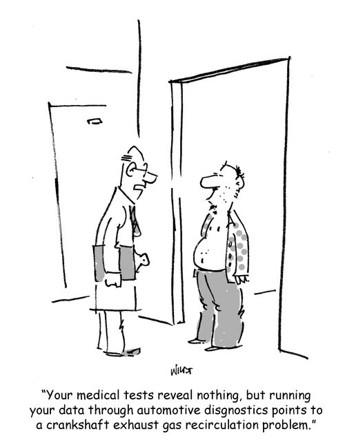 'Your medical tests reveal nothing, but running your data through automotive disgnostics points to a crankshaft exhaust gas recirculation problem.'