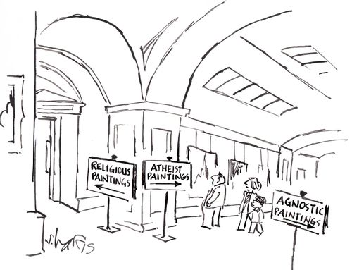 Art Gallery with Signs for Religious paintings, Atheist paintings, and Agnostic paintings.