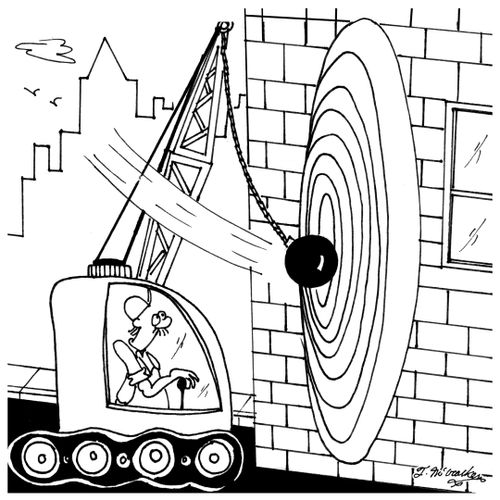 A wrecking ball aims for a bullseye target painted on the side of a building.