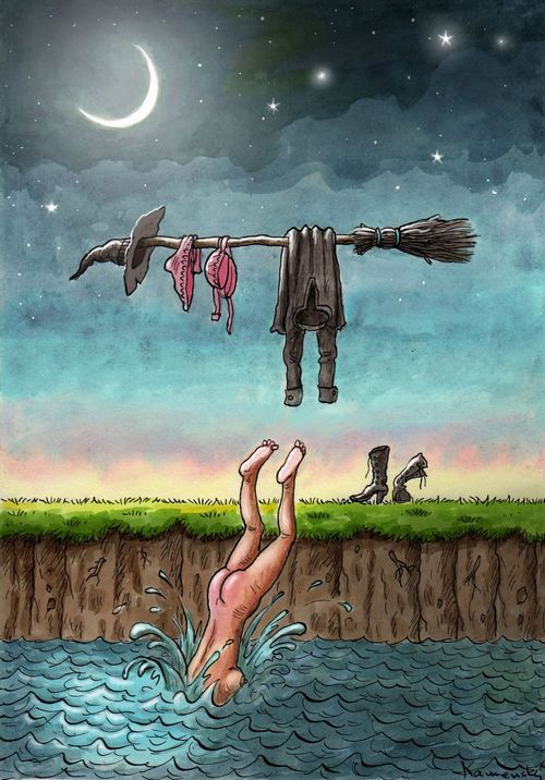 Witch hangs her robes on her broomstick while she goes for a swim.