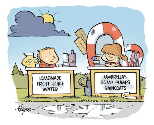Lemonade fruit juice water stand and Umbrellas, sump, pumps, raincoats stand.