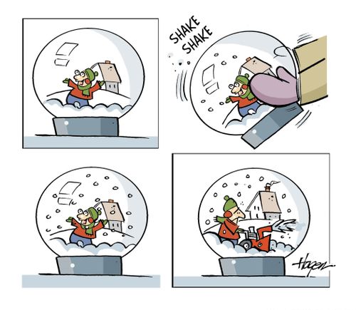 Man in snow globe clears snow.