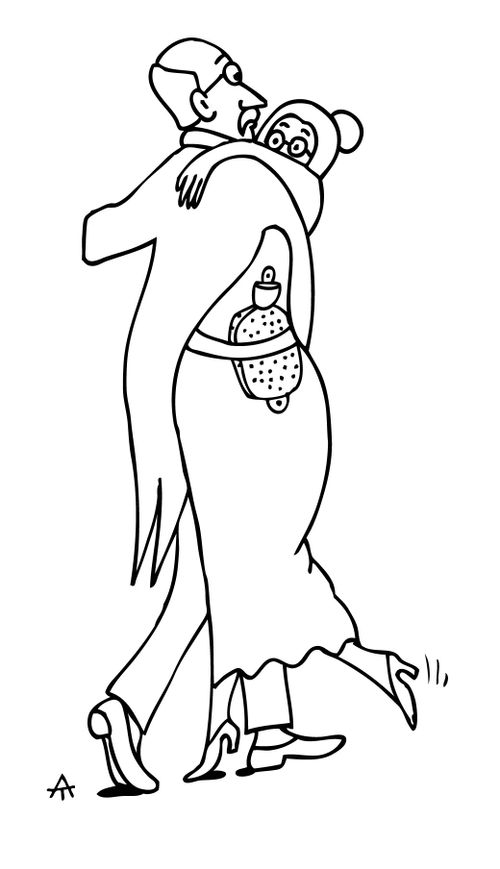 Old woman dancing with a hot water bottle on her back to relieve back pain.