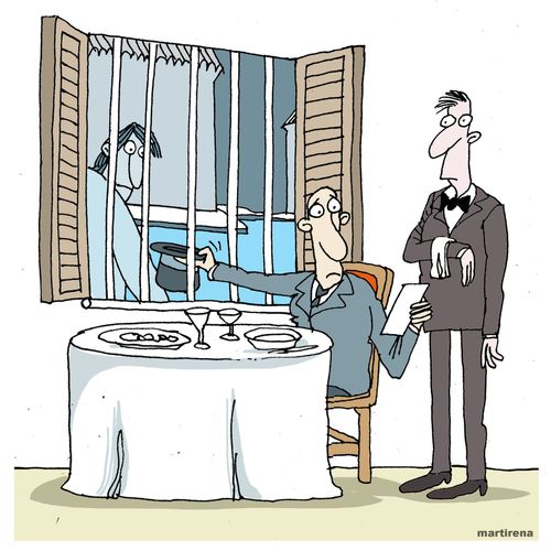 Man begs for his restaurant bill.