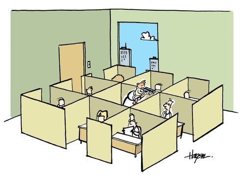 Guy in center cubicle spying on others.