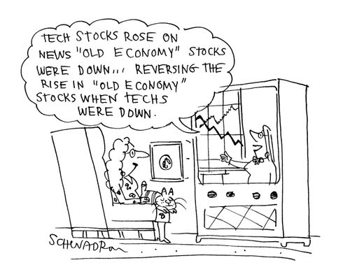 'Tech stocks rose on news 'old economy' stocks were down...reversing the rise in 'old economy' stocks when techs were down.'