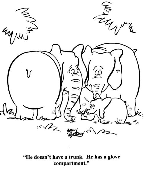 Elephant to elephant: 'He doesn't have a trunk, he has a glove compartment.'