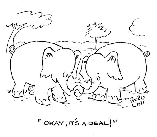 'Okay, it's a deal!' (elephants shaking trunks.)