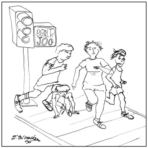 A traffic light says, 'Don't Walk, Jog.'