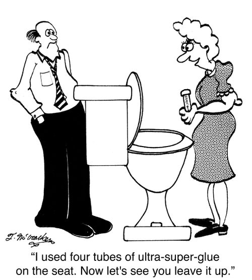 'I used four tubes of ultra-super-glue on the seat. Now let's see you leave it up.'