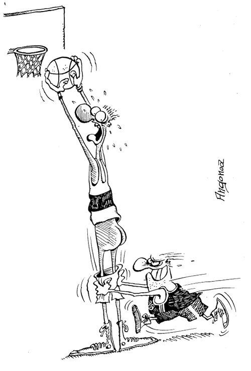 Short basketball player pulls down the shorts of the tall basketball player to prevent him scoring
