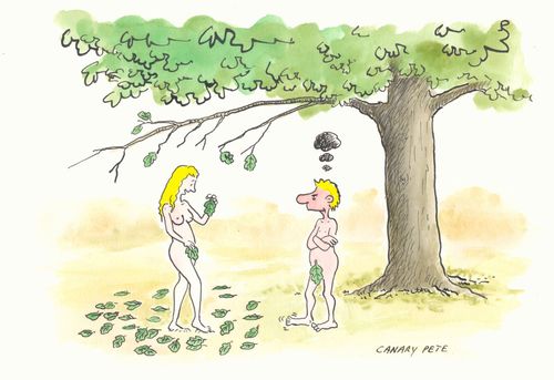 Eve choosing a fig leaf.