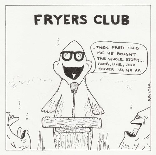 A fish telling jokes at a 'fryers club' meeting.