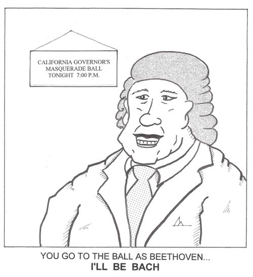 Arnold Schwarzenegger going to a party as Bach.