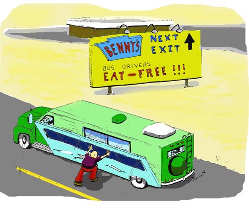 A road side billboard advertises: 'bus drivers eat-free' a man is seen rigging a false panel that looks like a bus to his caravan.