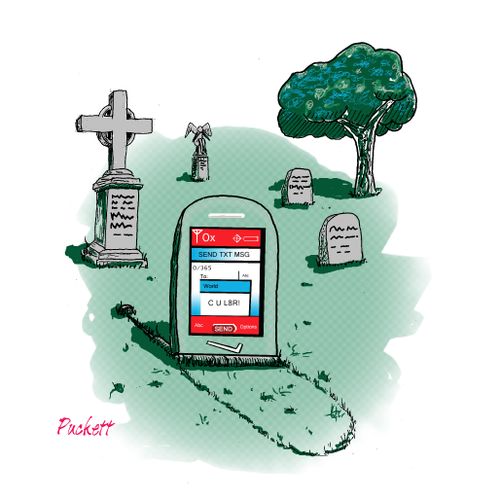 A cell phone is almost dead but certainly buried. The screen says:' CUL8R!'
