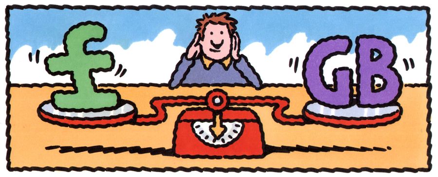 Man weighing a pound sign against Great Britain.