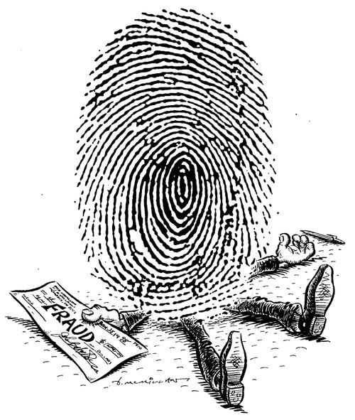 Big finger print trying to forge a cheque but he can't.