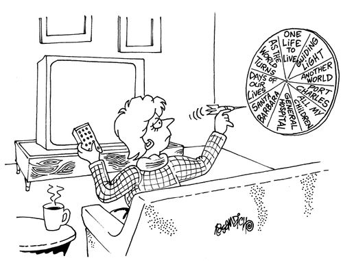 Lady throws dart to decide which soap opera she's going to watch.