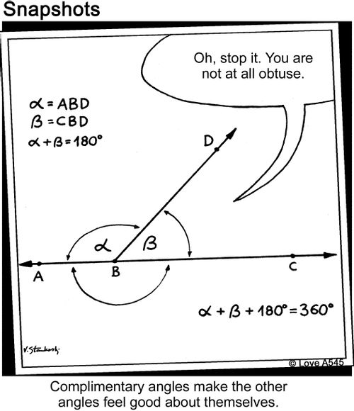 "Oh, stop it. You are not at all obtuse." Complimentary angles make the other angles feel good about themselves.