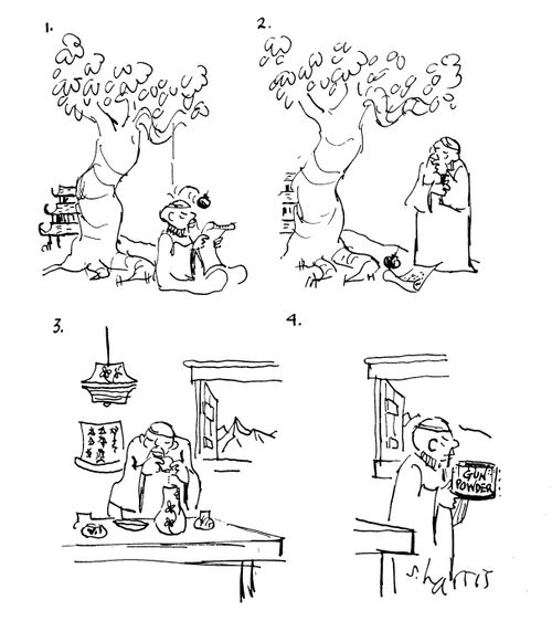 Chinese man has apple land on his head - which inspires him to invent gunpowder.