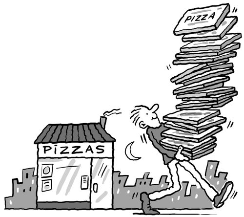 Man delivering a tall stack of pizzas.