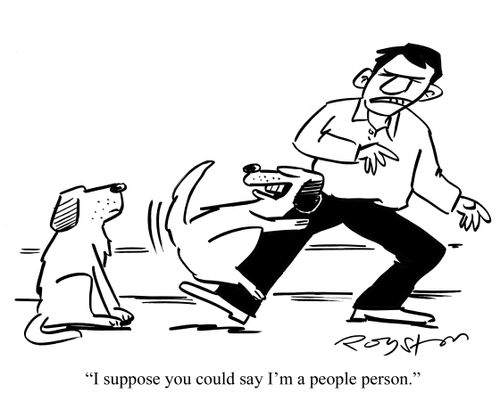 Man tries to shake clinging dog off his leg. Dog says to another dog: 'I suppose you could say I'm a people person.'