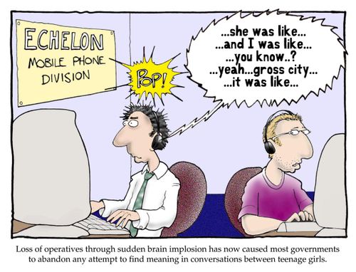 Loss of operatives through sudden brain implosion has now caused most governments to abandon any attempts to find meaning in conversation between teenage girls.