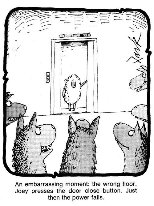 An embarrassing moment: the wrong floor. Joey presses the door close button. Just then the power fails.