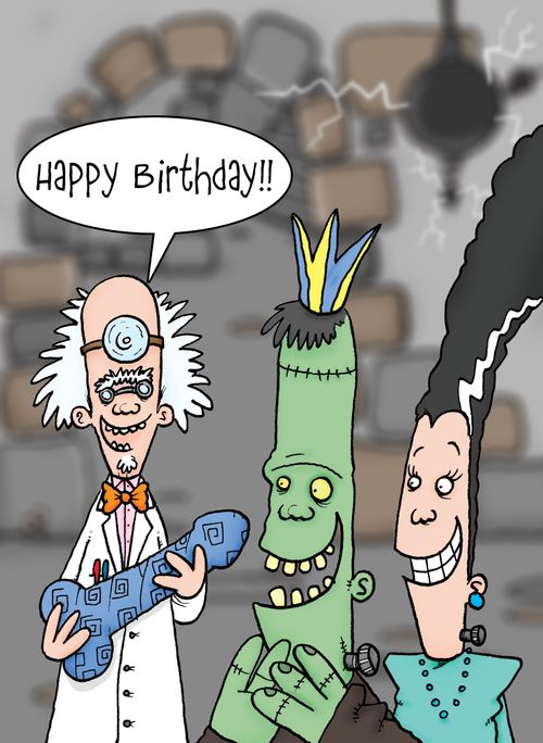 Frankenstein's Monster receiving birthday present.