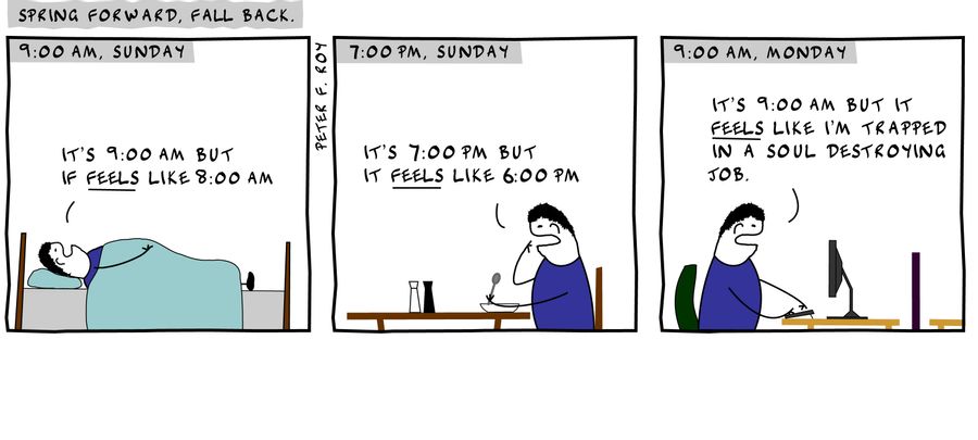 It's 9:00am but if feels like 8:00am - 'It's 7:00pm but it feels like 6:00pm' - 'It's 9:00am but it feels like I'm trapped in a soul destroying job.' - 